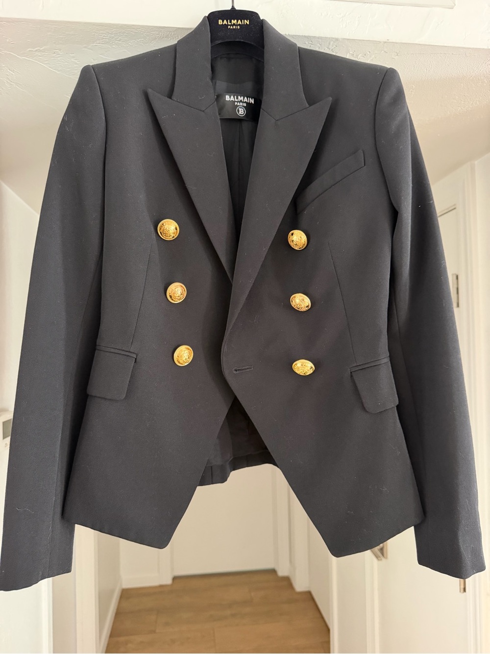Authentic Balmain Black Double-Breasted Blazer with Gold Buttons 36